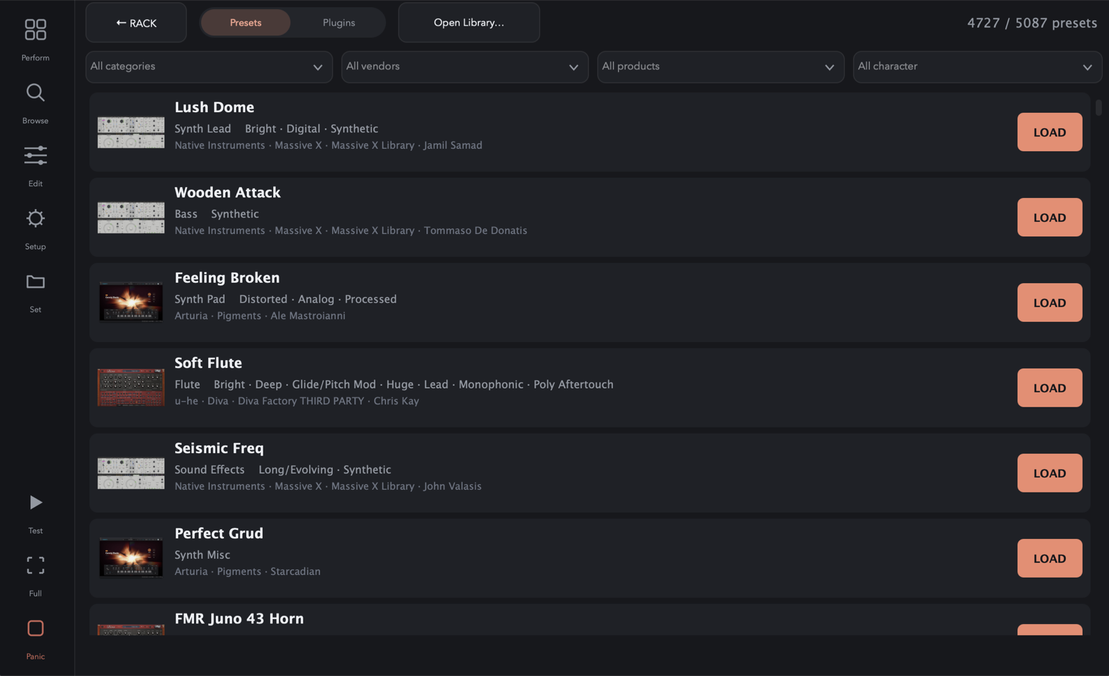 The Pomar Rack preset browser — thousands of sounds shown as rows with names, categories, vendors and a one-tap Load button, filtered by category, vendor, product and character.