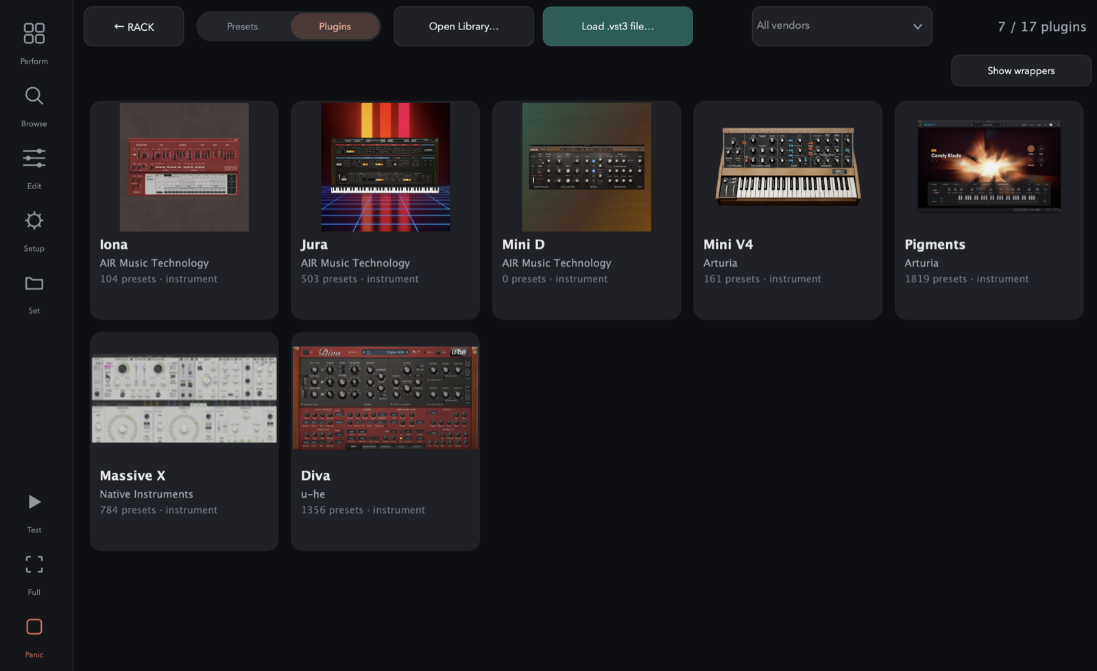 Pomar Rack's plugin browser shown as large cards with cover art — Diva, Pigments, Massive X, Mini D and more — browsed like a hardware workstation instead of a folder tree.