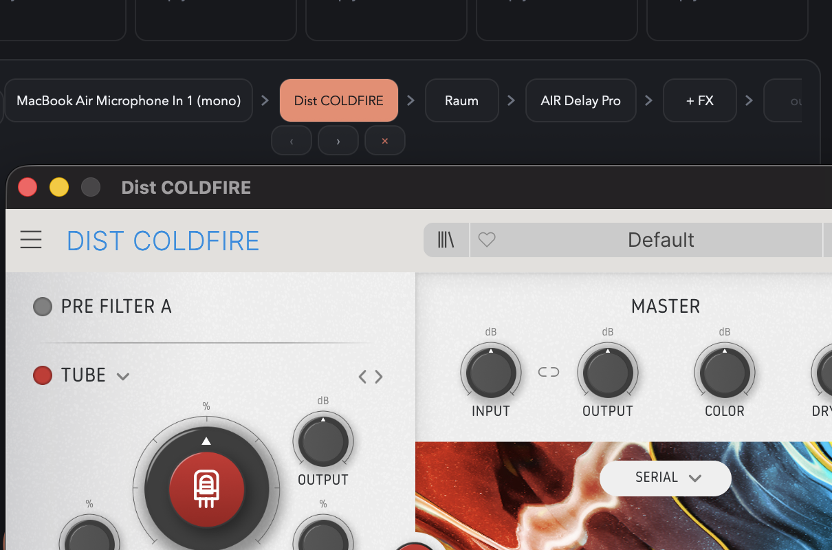 A microphone live-input track in Pomar Rack running through an FX chain — Dist COLDFIRE → Raum → AIR Delay Pro — with the COLDFIRE effect's native editor open.