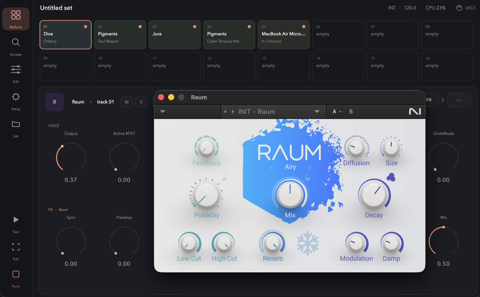 The Native Instruments Raum reverb's own plugin editor open inside Pomar Rack, floating over the 16-track Perform view — any plugin's native UI is available when you need it.