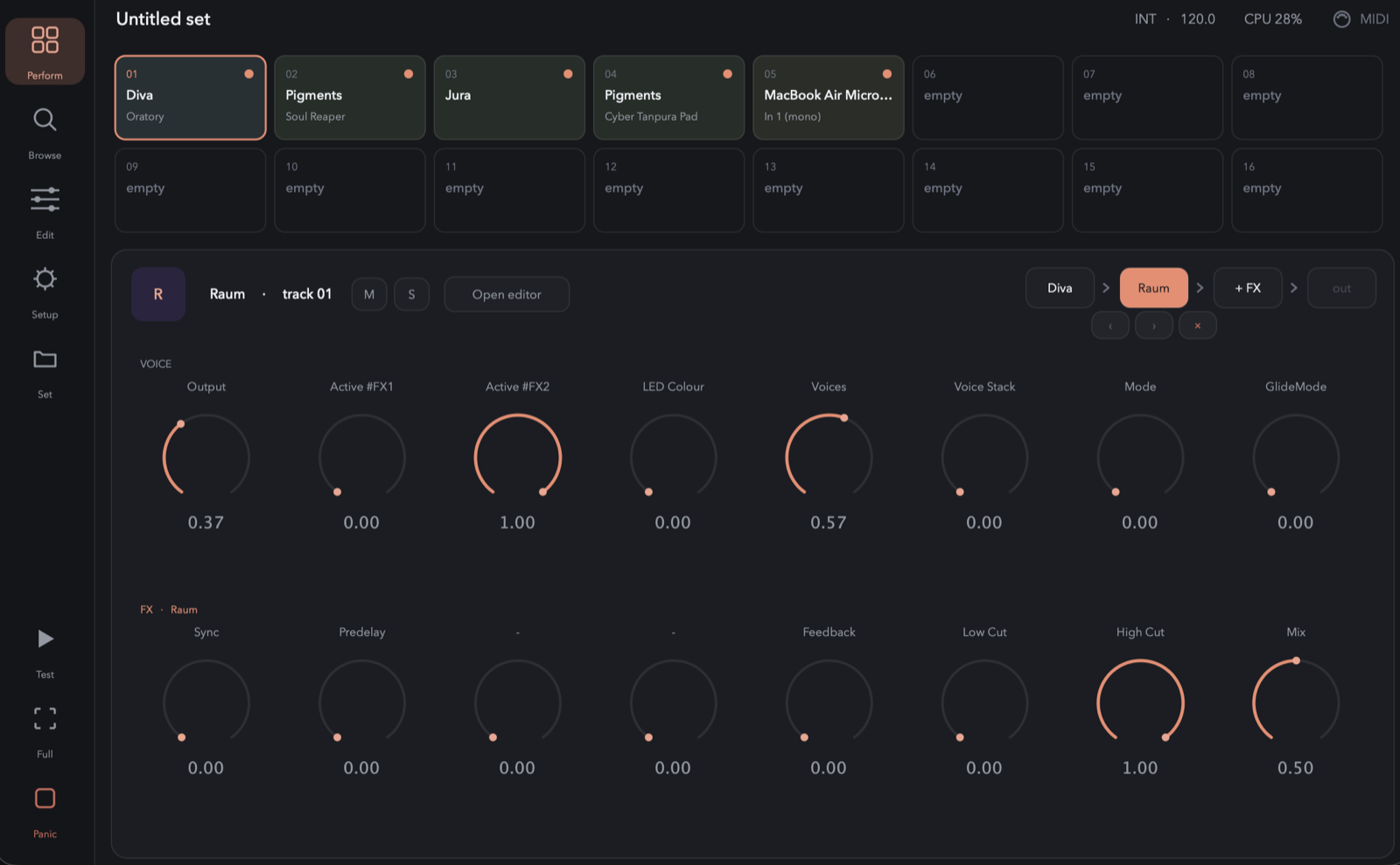 Pomar Rack's Perform view — a 16-track grid with instruments and a live input loaded, the focused track showing its source → FX chain and an 8-knob macro page.