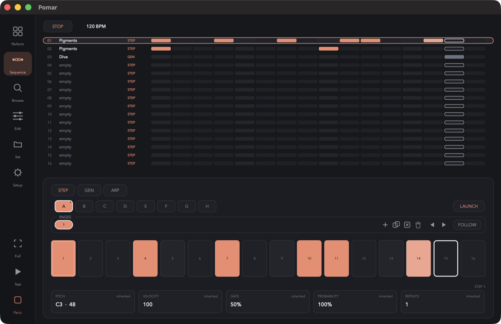 Pomar One's Sequence workspace — sixteen tracks with their patterns at a glance, a generative Diva track beside step-sequenced Pigments tracks, and the selected bass track's variations, pages and step grid below.